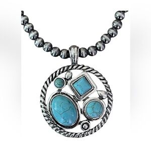 ARIAT WESTERN COWGIRL FAUX TURQUOISE HIGH POLISHED CABLE ROUND PENDANT NECKLACE